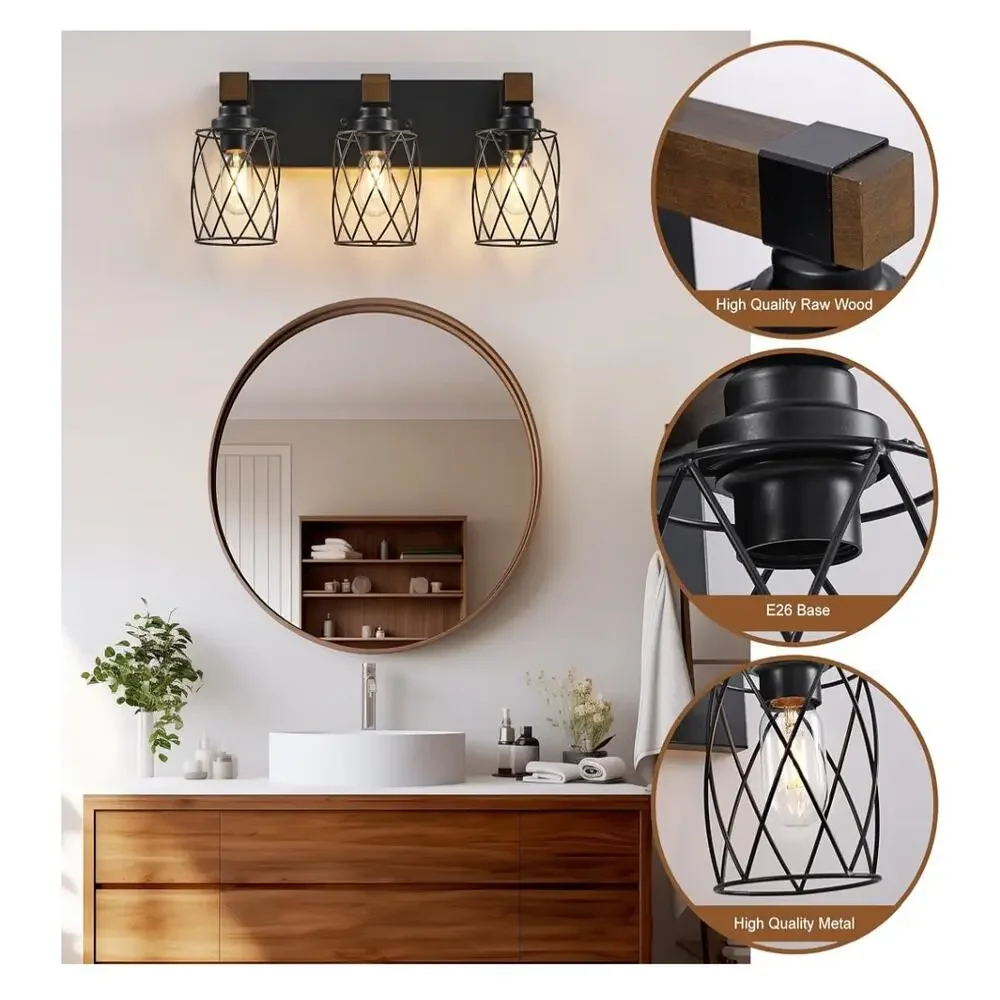XvmBvm 3 Light Farmhouse Vanity Light Rustic Wood Black Metal E26